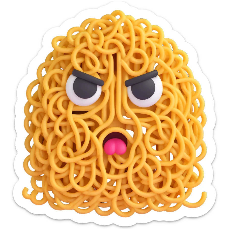 expressive emoji-style face made entirely from a bowl of noodles, angry or disgusted eyes, frown or grimace, cartoon-style steam or stink lines, mood hate it, showing irritation or disgust, fun cartoonish style sticker