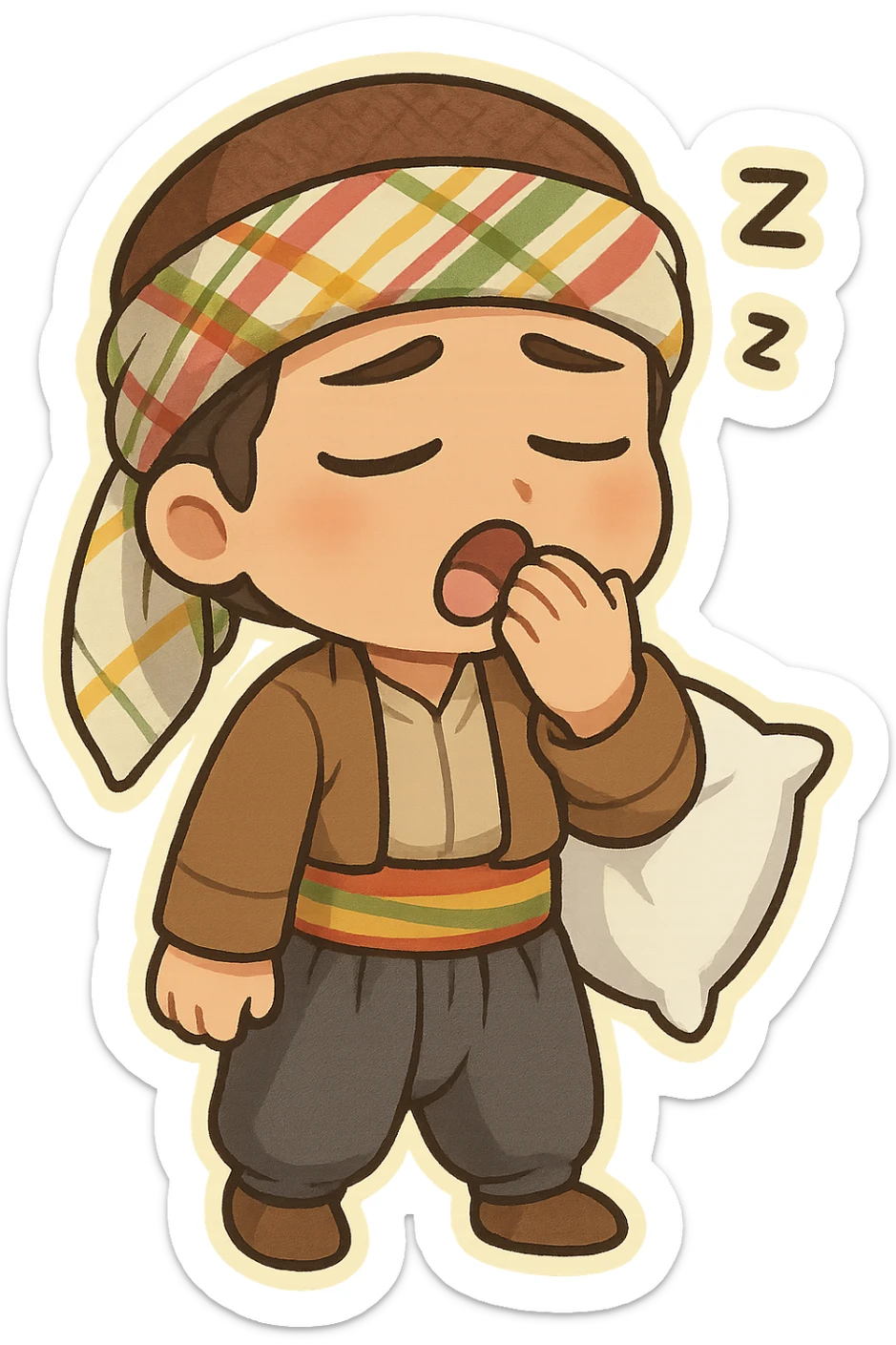 Kurdish sticker, sleepy mood, cartoon style, Kurdish person in traditional dress, yawning or eyes half-closed, maybe with a pillow or blanket, no text, suitable for messaging apps sticker