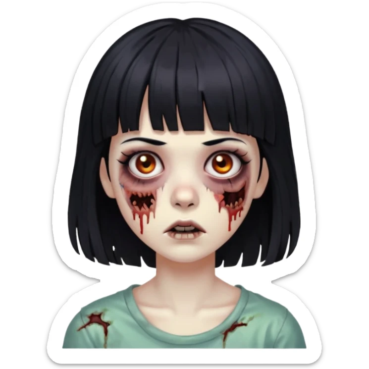Zombie girl, black hair with bangs, slightly wavy, layered haircut, long eyelashes, black eyes. sticker
