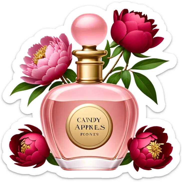 A Champagne Pink perfume bottle with delicate gold accents sits beside lush Candy Apple Red peonies. The rich contrast of soft pastels and deep reds creates a luxurious, romantic feel." sticker