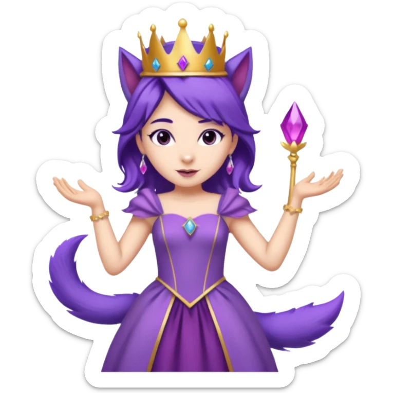 A princess wearing a purple dress and crown with purple hair and purple wolf ears and purple wolf tail character. doing different actions against a white background And make a gap between each illusion sticker