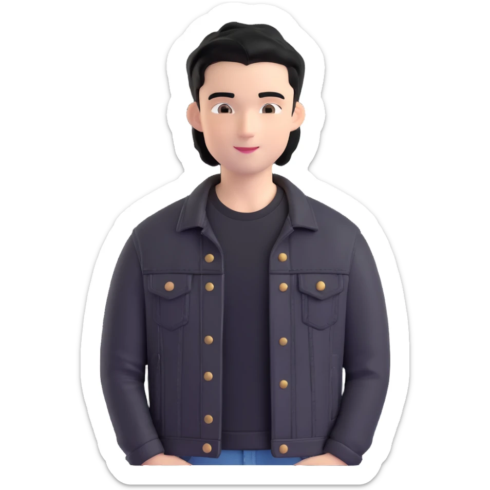 3D emoji style Microsoft, young man with black hair, wearing black t-shirt and black denim jacket, based on photo reference, slight smile sticker