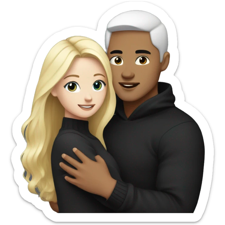 Blonde girl with blue eyes in black sweater and asian man with black hair and black eyes hugging sticker