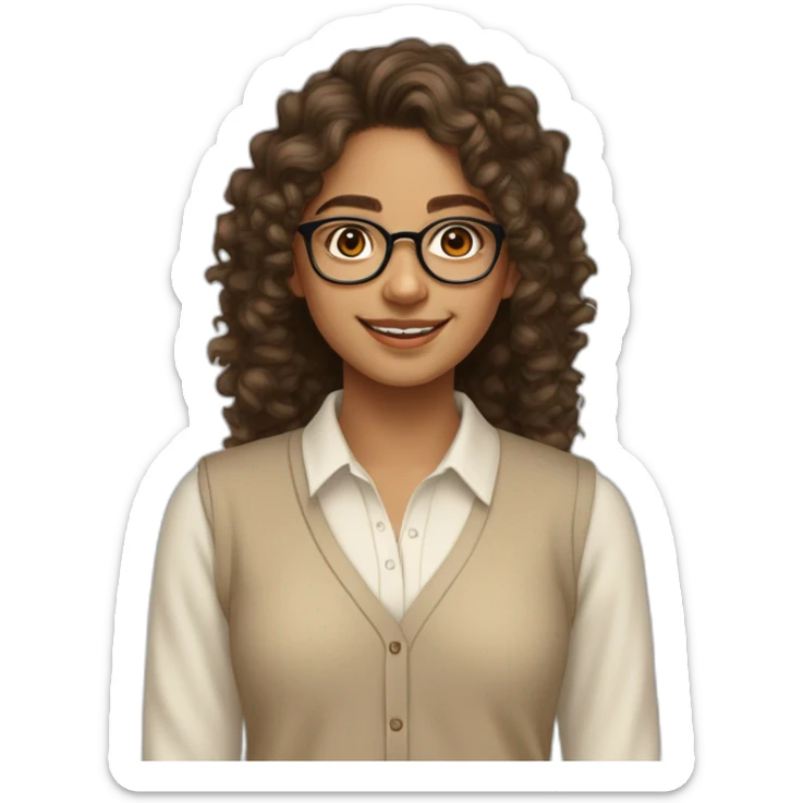 smiling indian teenage girl with curly hair and glasses wearing a collared long sleeve white shirt under a beige v shaped collar sweatervest with no buttons sticker