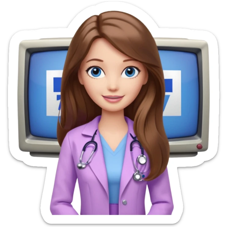 beautiful barbie girl with long brown hair, blue eyes and wearing light purple clothes watching tv show doctor who sticker