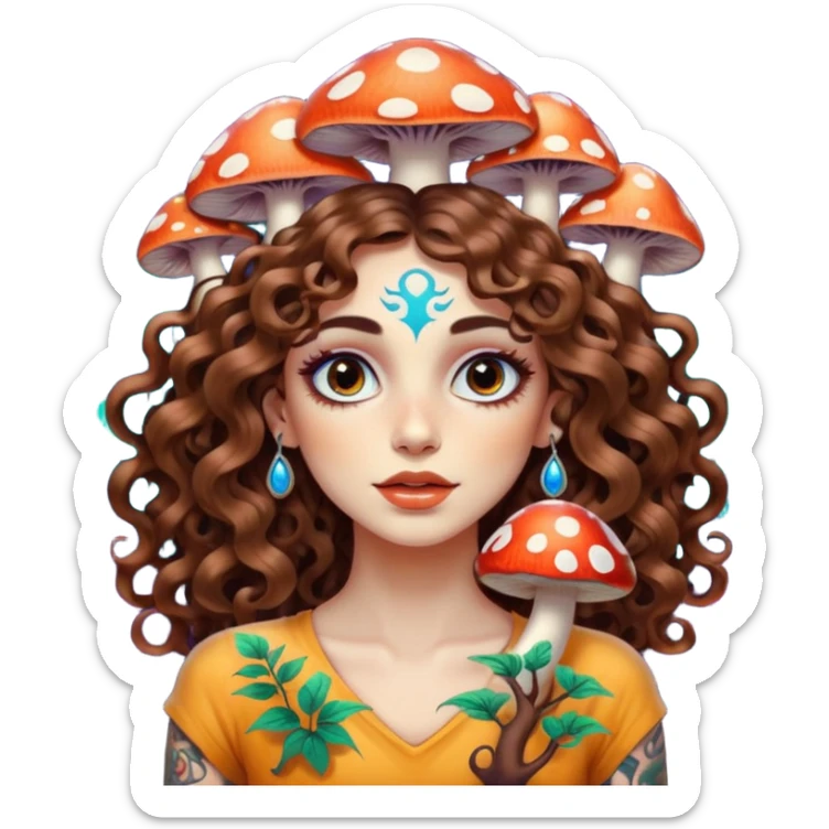 woman with long curly brown hair, brown eyes, white skin, tattoos, psychedelic mushrooms growing from her shadow sticker