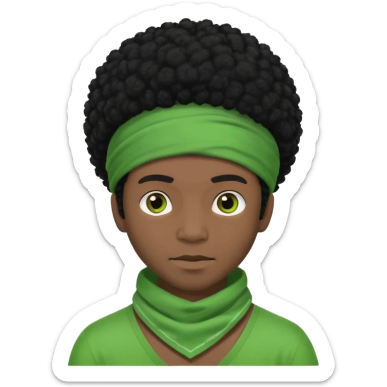 black-skinned male with black afro hair and a green bandana sticker