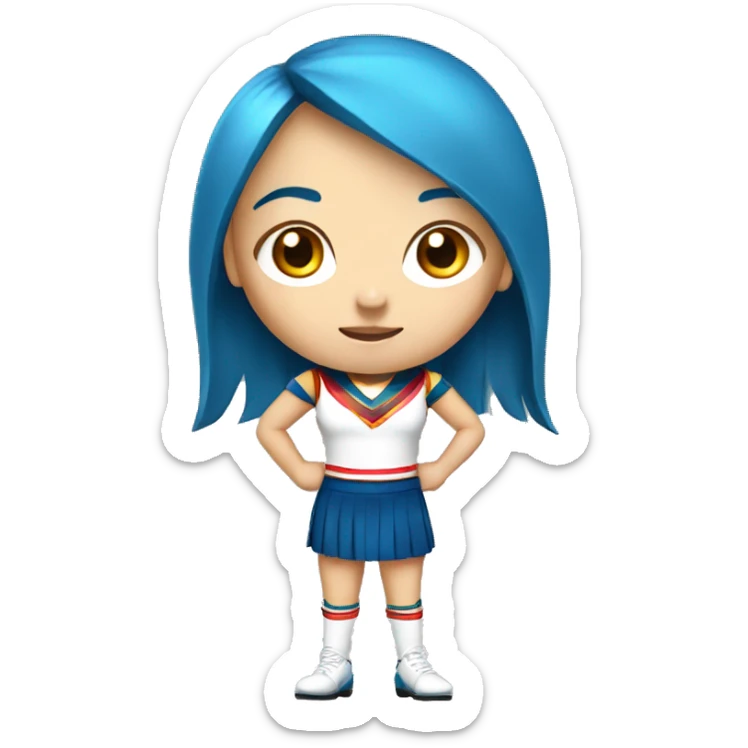 White girl cheerleader with blue hair with bang, with a red and gold uniform sticker