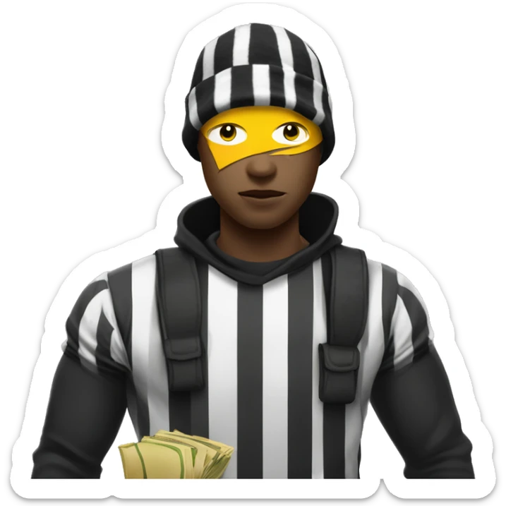 Robber with Yellow skin and black and white prison stripe shirt with money bag on shoulder and a black beanie on the head with a black eye mask on sticker