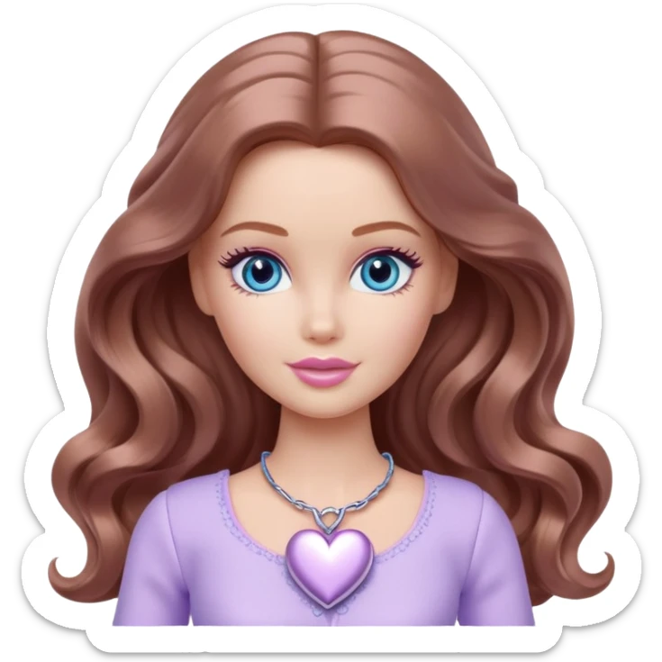 Barbie girl Chestnut long wavy hair and blue eyes is In pale purple clothes a silver heart  sticker