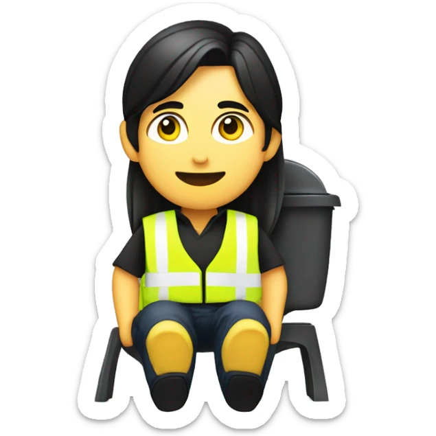 Guy with black long hair in a pony tail sitting on the toilet, in black shirt and pants with a yellow safety vest draped over his shoulder  sticker