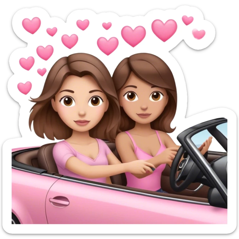 A mom brown Hair with balayage and one daughter brown hair,  driving in pink convertible with hearts  sticker