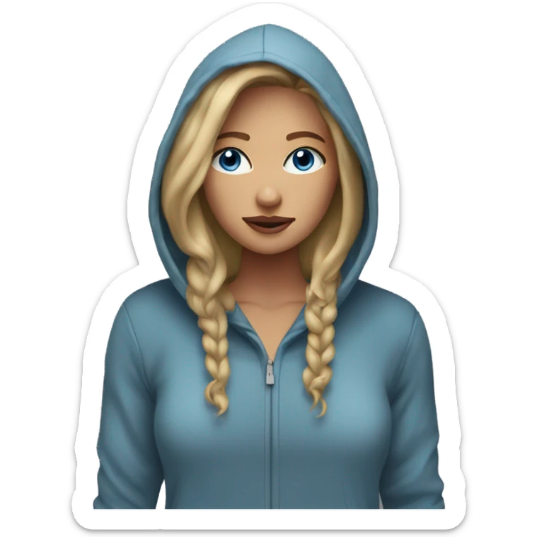 Women with dirty blonde hair, blue eyes, wearing a hoodie sticker