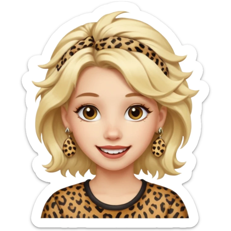 Une fille blonde et joyeuse. Elle porte une coiffure rock et originale avec des pinces pour cheveux  léopard et motif peau de vache. sticker