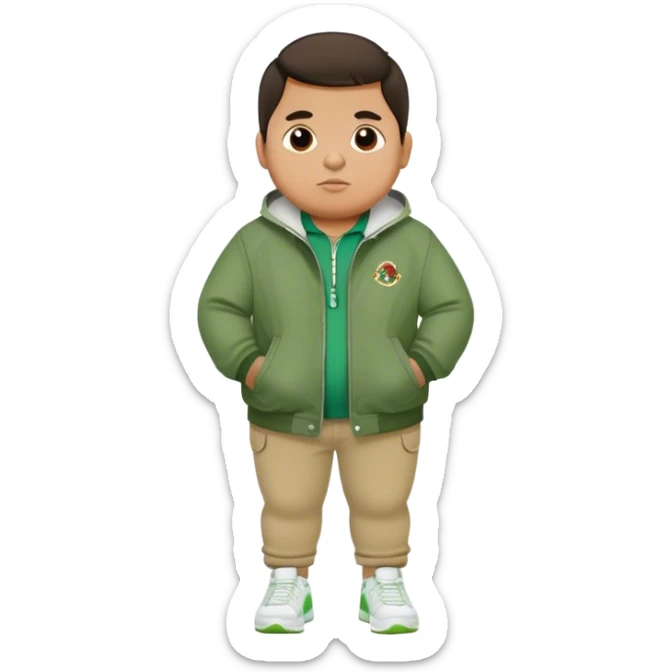 Fat mexican boy with green jacket, skinny khaki jeans, and white nikes sticker