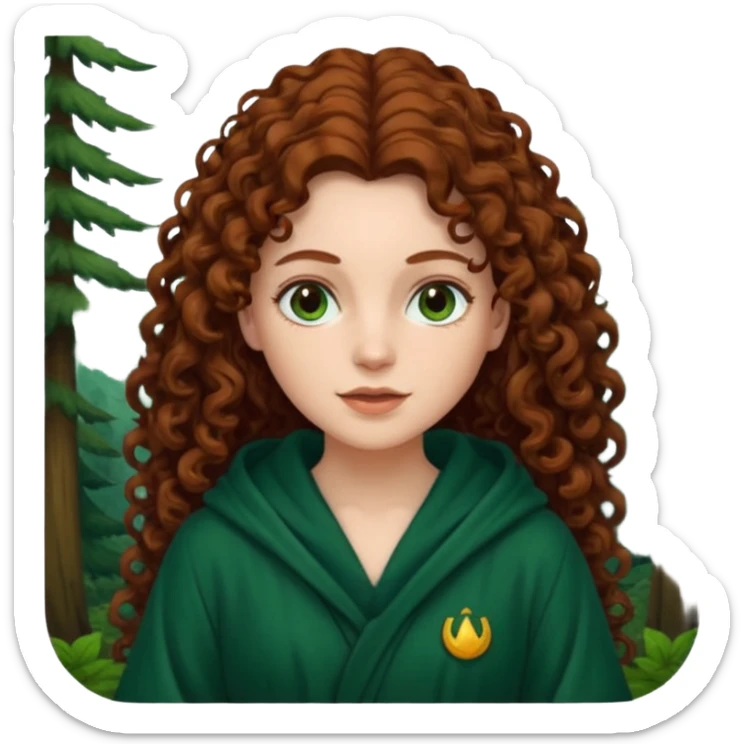 A white woman, a little thicker, with long dark auburn hair robed and hooded like she's a Traitor in the tv show The Traitors. her hair is mostly curly (kinda frizzy, not clean curls) and the robe is a dark dark forest green color sticker