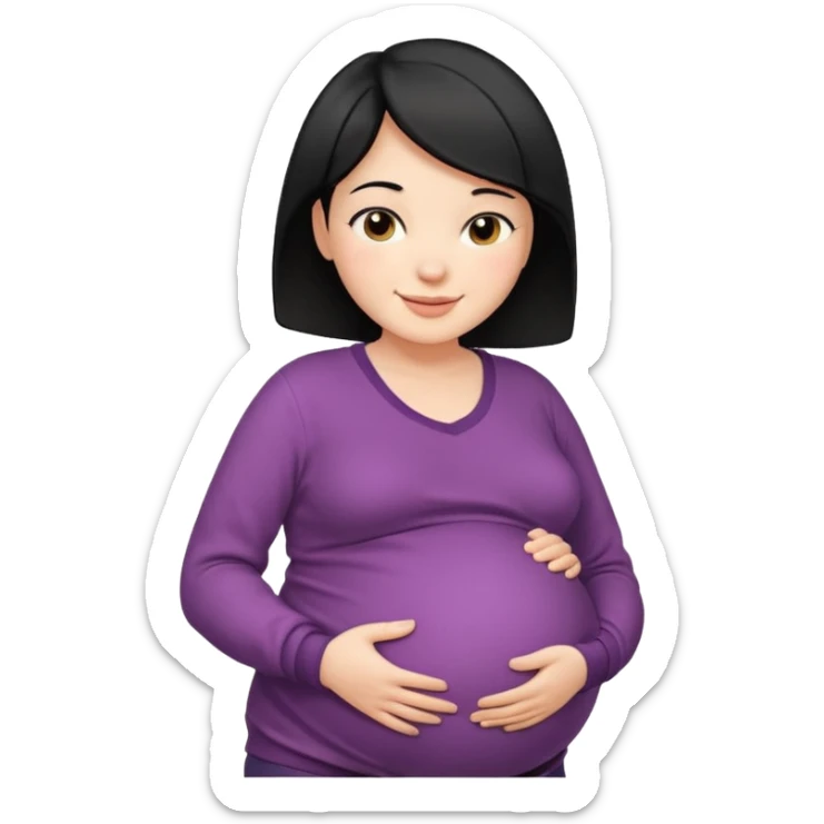 pregnant woman with short black hair happily touching her big belly while wearing warm clothes sticker