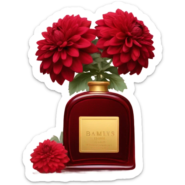 Dark red vintage French style perfume bottle with red dahlias sticker