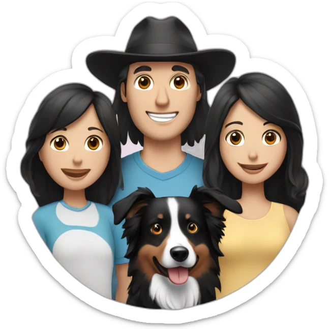 Family formed by a White man on hat and a White woman with long black hair and one small black border collie dog sticker