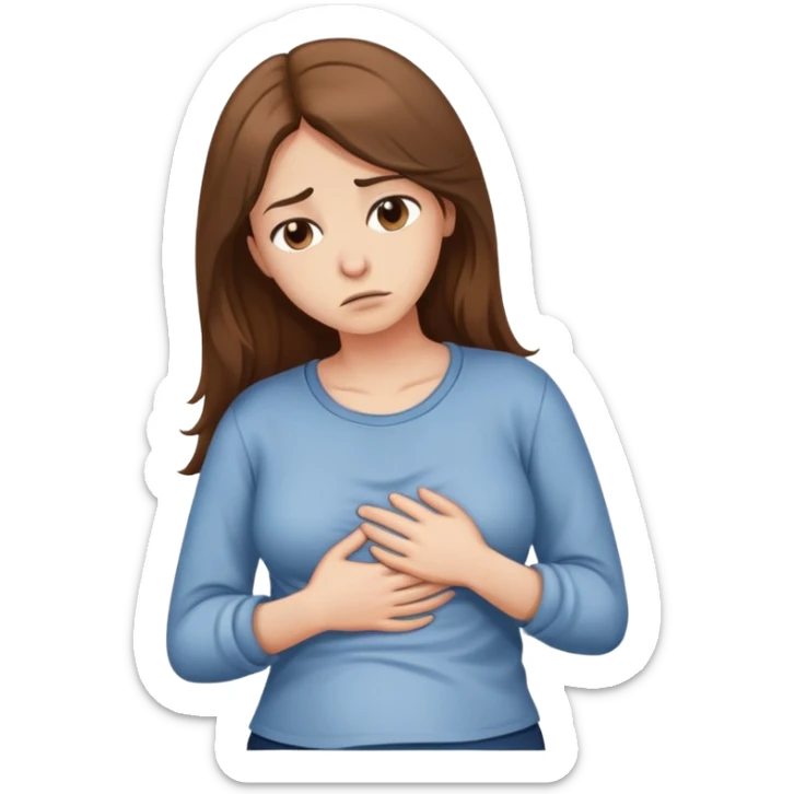Sad women with long brown hair rubbing stomach with shirt on sticker