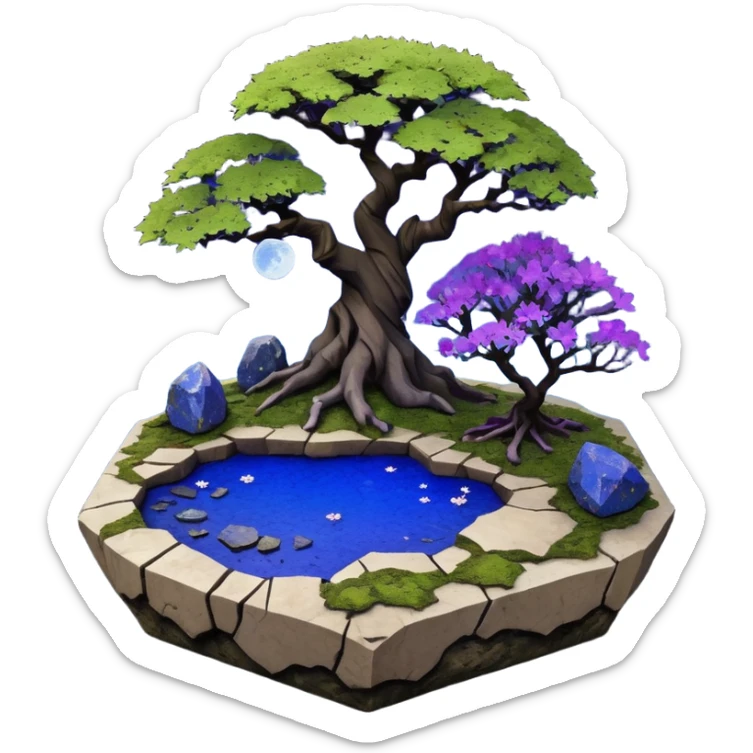 Alien saucer poolhouse jungle winding narrow stairway fountain lakeside mountainside -island getaway nighttime landscape antique mudman very old broken cracked intricate Stone Age lapis-crusted irregular dodecagon-shaped shallow dark moss rough bark violet serissa flowered maple tree bonsai sticker