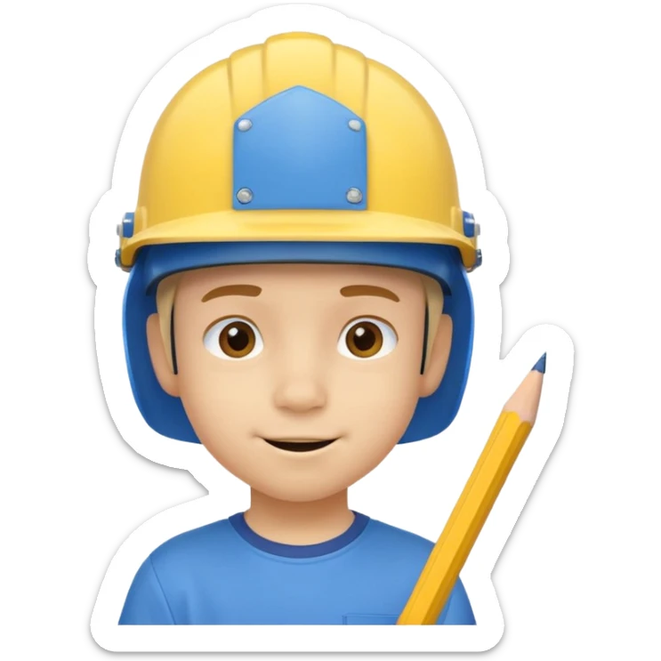 Kid with a blue helmet,has a pencil in his nose and has a yelliw shirt sticker