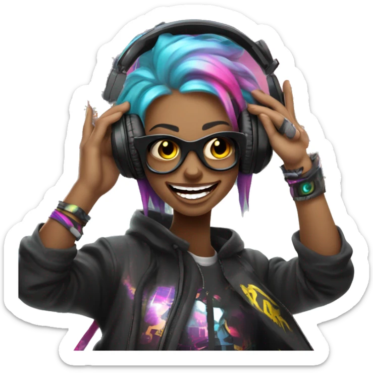 Crazy Raver Smile With headphones and make up making rock with the hands and a cyberpunk city in the background sticker