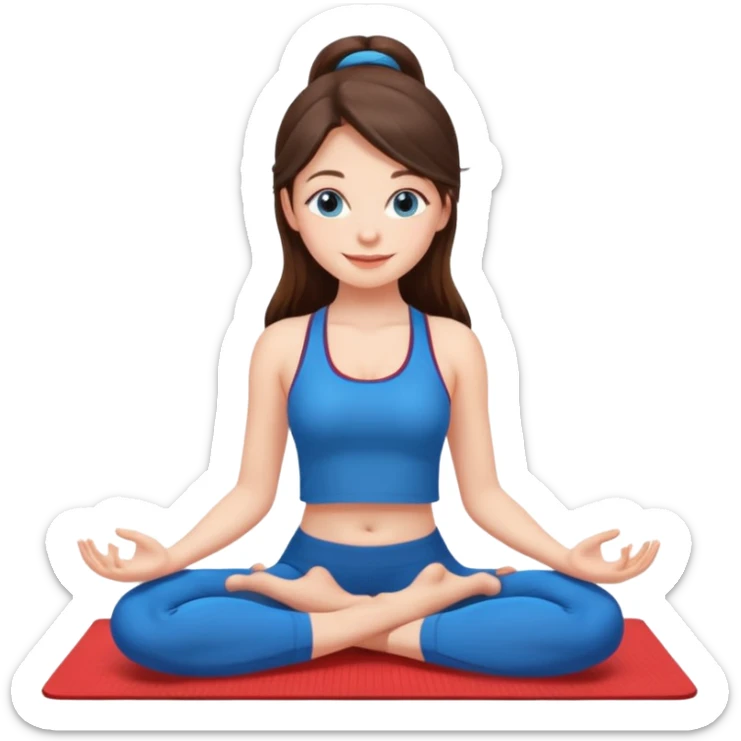 Brunette long hair and blue blue eyes yoga beautiful girl in bright red  clothes sitting on a yoga mat sticker