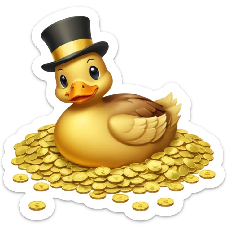 Duck character in top hat swimming in pile of gold coins and money bags sticker