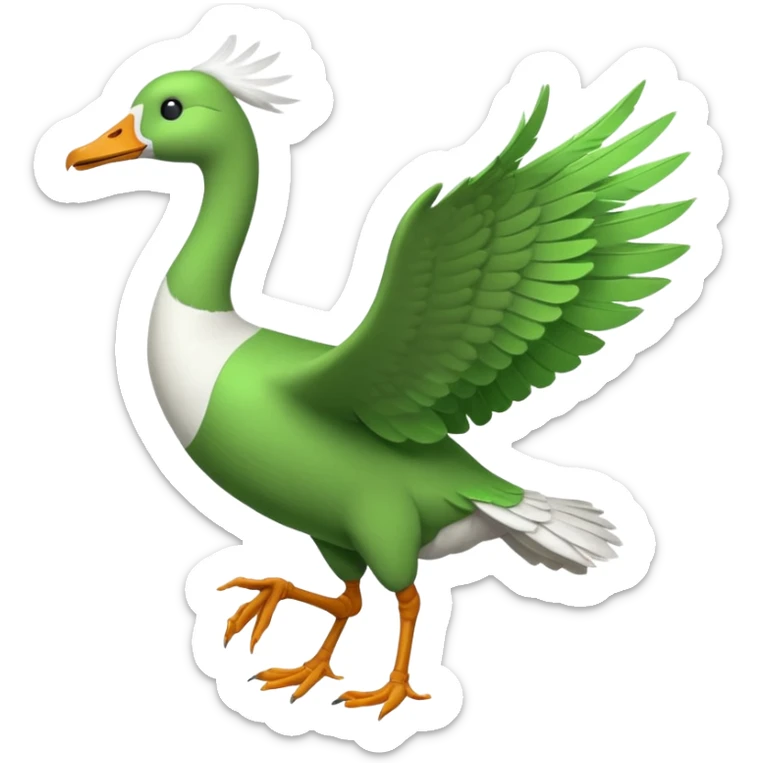 Emoji of a running goose with a very long neck and two legs. Use 🪿 shape but color it bright green (#39C700). The wings should be folded close to the body, not flapping. The legs should be clearly in a running motion, showing dynamic movement, not static. sticker