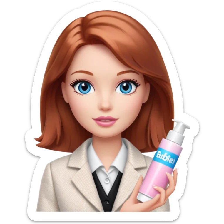 A Barbie girl with blue eyes, shoulder-length reddish-brown hair, made-up, in a white tweed jacket and black skirt, holding a tube of pale pink face cream sticker