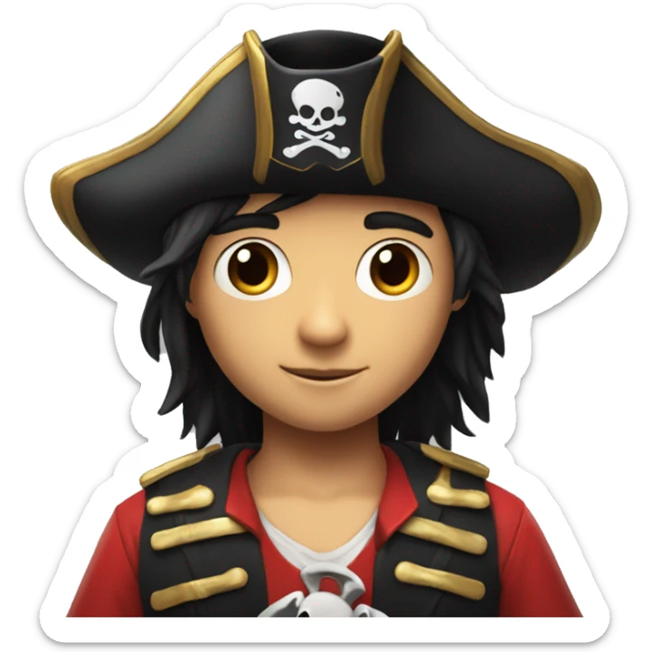 A boy, 12 years old, black hair, shiny eyes, a red pirate costume, a pirate hat with an image of crossbones and a skull, stands reading a red book sticker