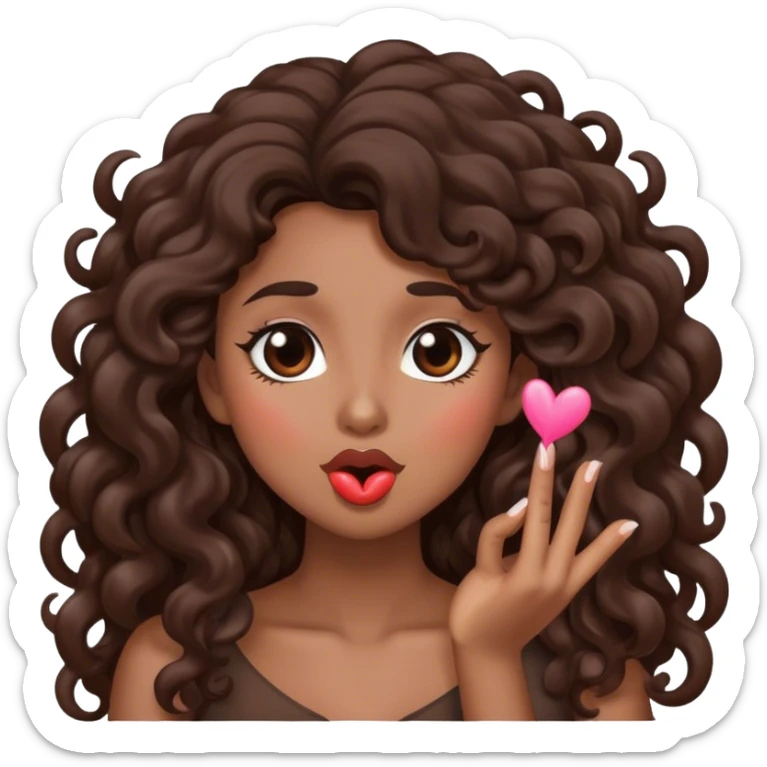 Brown woman with dark brown long curly hair blowing a kiss  sticker