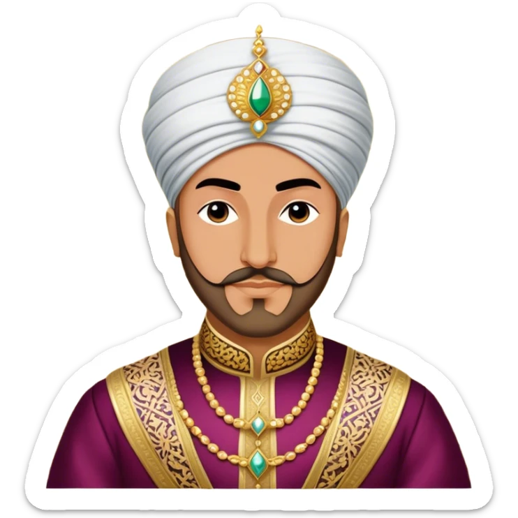Suleiman the Magnificent – Cinematic Realistic Portrait of Suleiman the Magnificent, depicted as a regal Ottoman sultan in luxurious traditional attire with intricate patterns and a golden turban, his commanding gaze illuminated by warm, historic lighting, exuding majestic authority and timeless grandeur. sticker