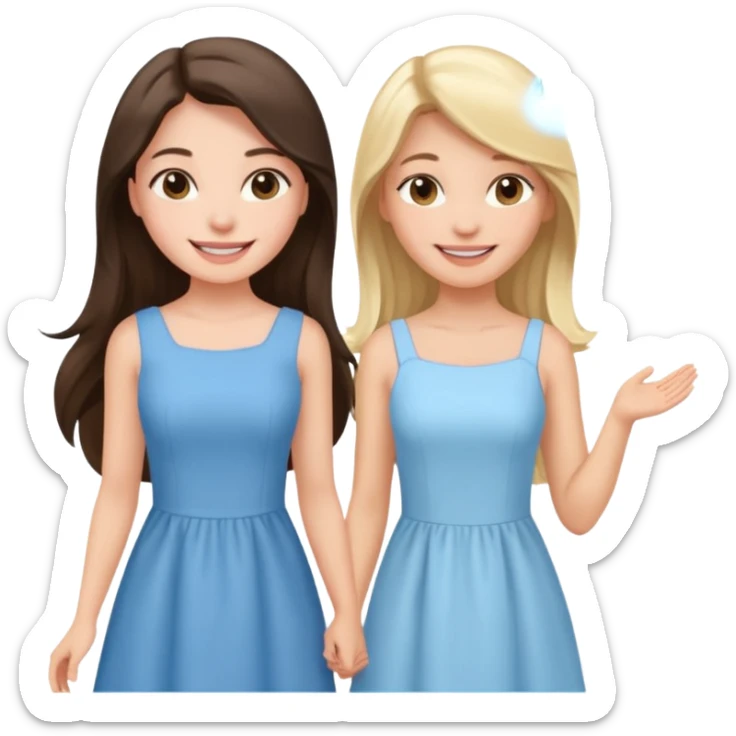 happy long hair brunette girl in light pink dress and blonde girl in light blue dress sticker