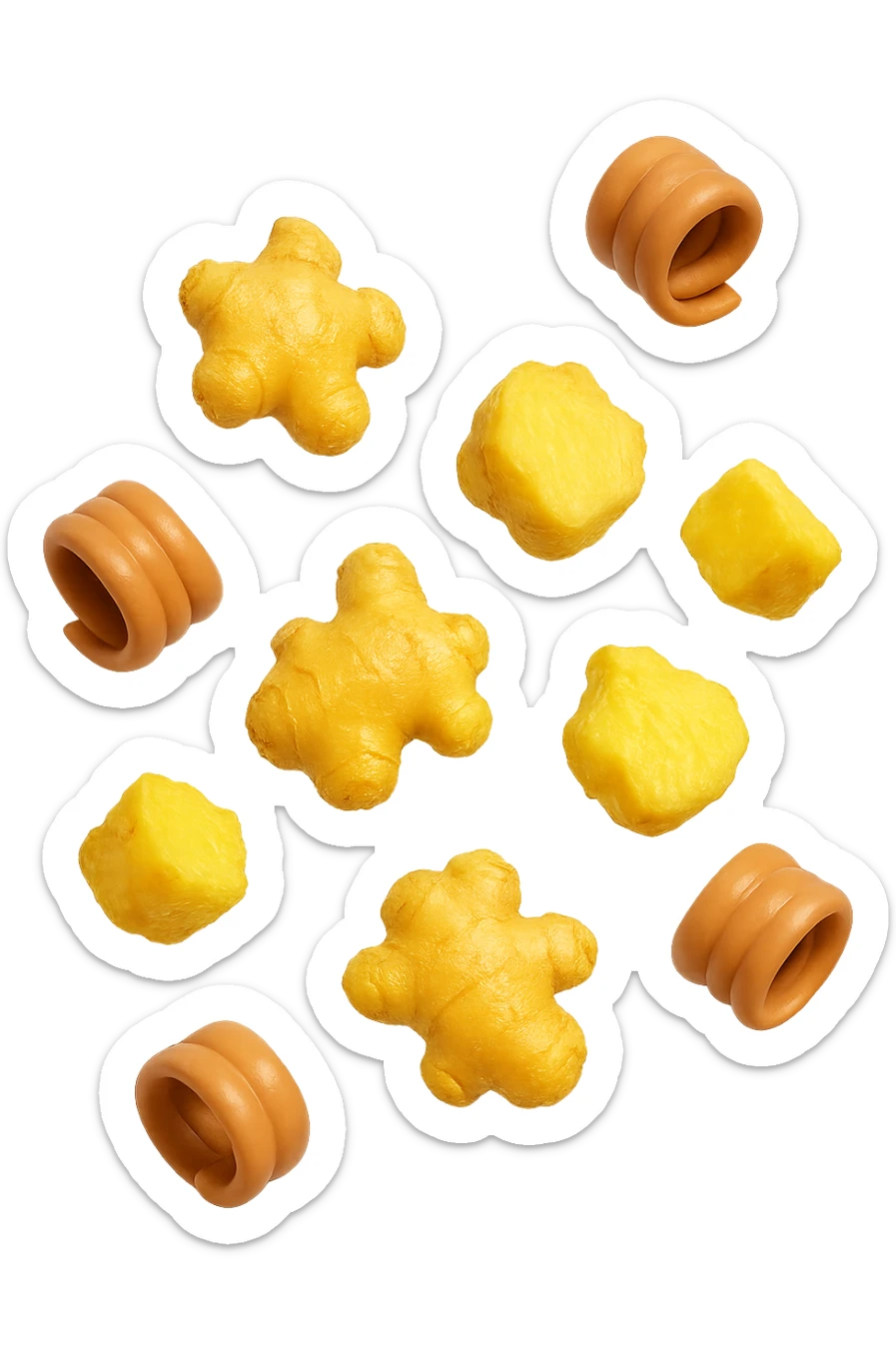 emoji stile iphone 3d di piccoli pezzi di zenzero che fluttuano in aria con pezzi di colon arrotolati intorno, iperrealistico 4k sticker