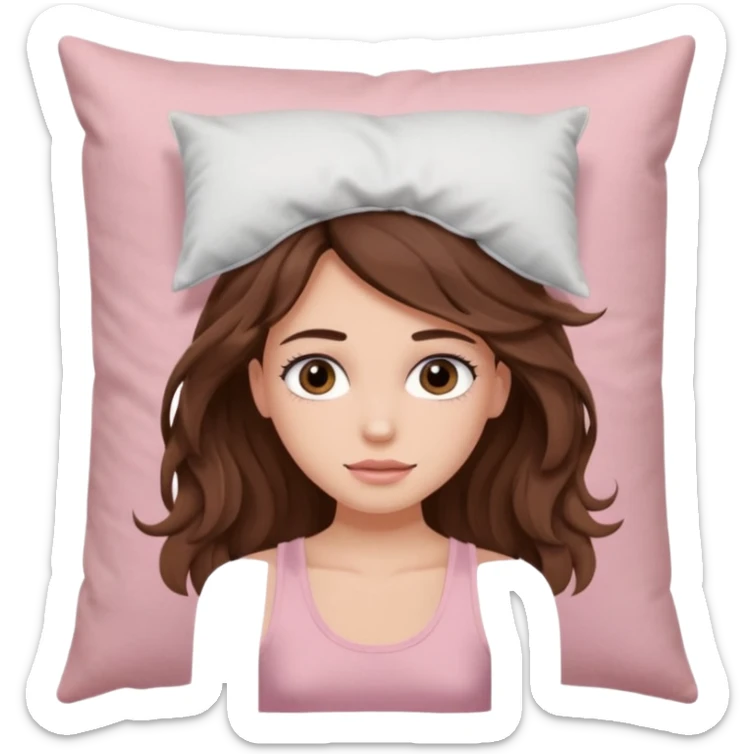 girl with brown wavy long hair and brown eyes with eyelashes and a powder pink tank top holding a pillow only from shoulders to head 9:16 ratio (tiktok screen size) sticker