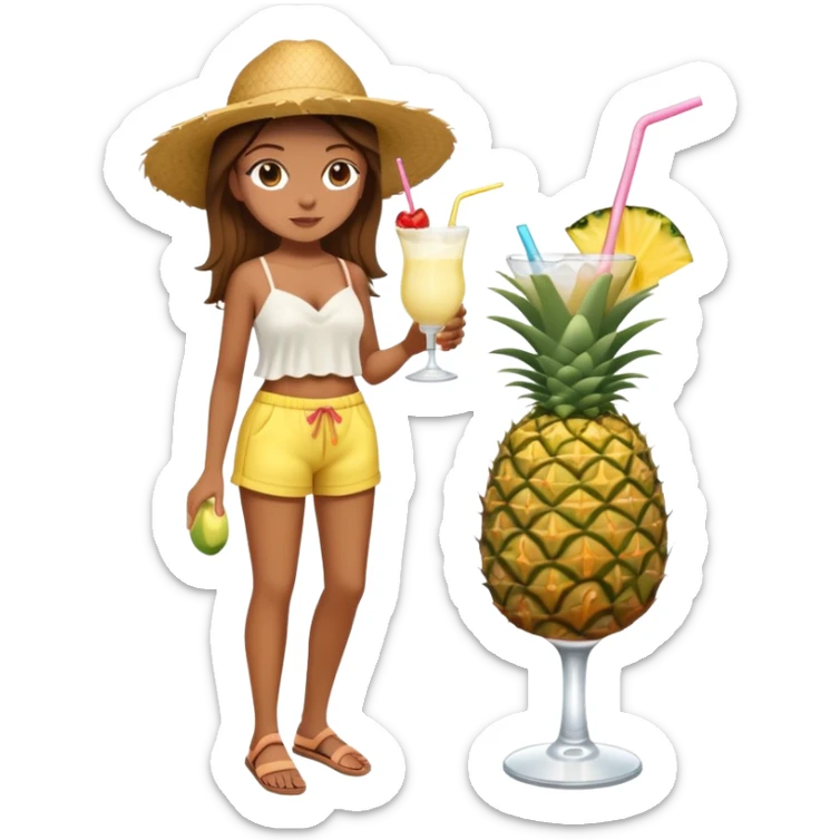 Full body of a very tan skinned girl with brown hair wearing a summer outfit sipping a piña colada sticker