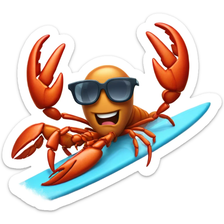 A lobster with glasses, reading fine literature as he is surfing on a surfboard, riding a huge tidal wave  sticker