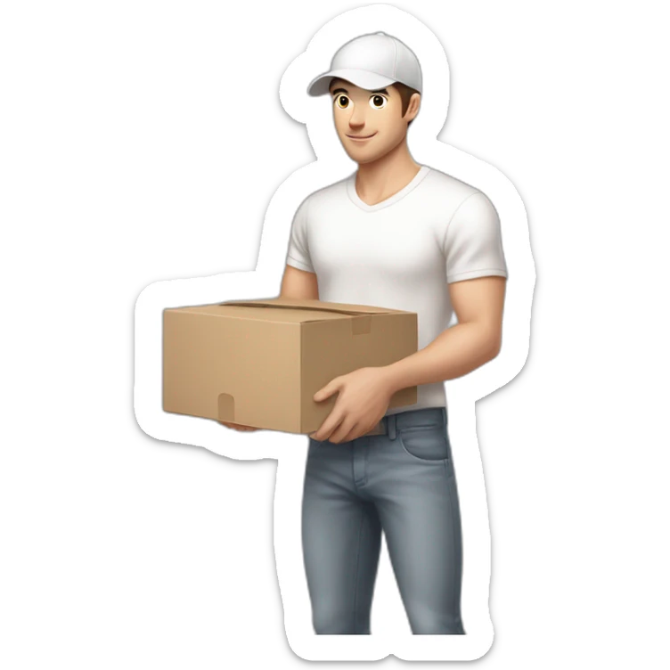 Pale skinned fit Man with dark brown hair in a white cap, gray jeans and beige polo T-shirt keeping a pasted box into his hands sticker