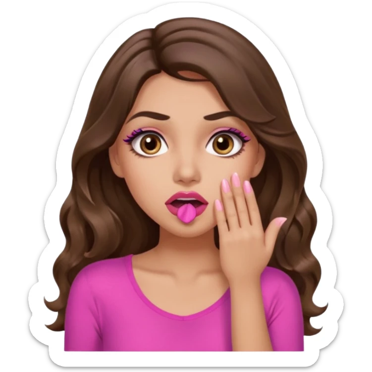 girl with long wavy brown hair, brown eyes, long lashes makeup, sexy pink lips, light to medium complexion, pink sexy top, shocked, hand covering mouth sticker