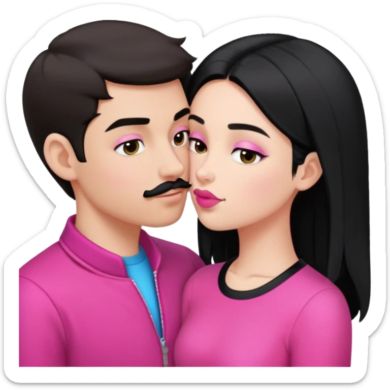 Brunette boy with short hair and black mustache wearing black clothes, kissing white girl with long black hair wearing pink clothes sticker