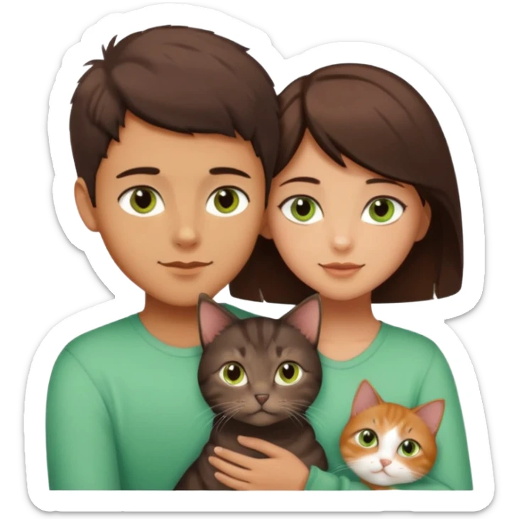 Crea un emoji donde salga un chico moreno con los ojos claros, una chica morena con los ojos marrones y un gato europeo comun de pelaje oscuro y ojos verde claro, quiero que se esten abrazando y el gato este en el medio de los dos sticker