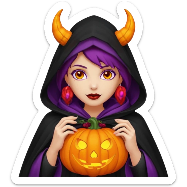 female-succubus-emoji,-red-skin,-purple-eyes,-elegant-face,-pumpkin-wreath-on-head,-black-hooded-cloak-with-cobweb-details,-holding-small-glowing-pumpkin-lantern,-halloween-fantasy sticker