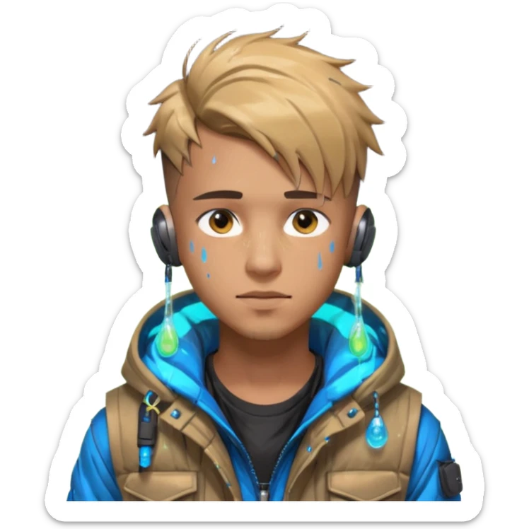 Cyberpunk street young adult, male, messy undercut, puffer vest over hoodie, glowing earpiece, light stubble, brown eyes, neon reflections, raindrops, dark background. sticker