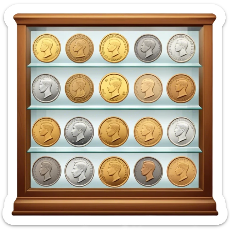 Icon for Coin Collecting: a collection of different vintage and modern coins of various forms, neatly arranged in a display case or on a table. The icon should highlight the diversity and historical value of coin collecting. Transparent background. sticker