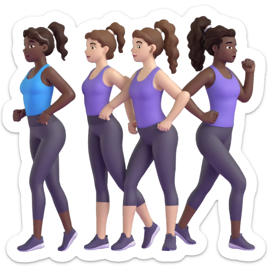 3 women exercising. The woman on the left has pale white skin and curly brown hair in a ponytail. The woman in the middle has black skin and curly black hair. The woman on the right has pale white skin and straight, brown hair in a ponytail. sticker