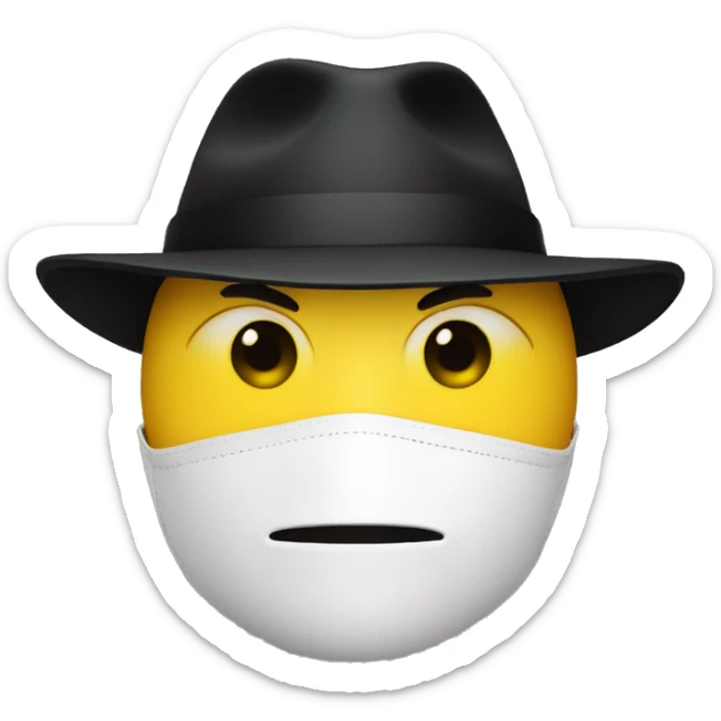  A person in a white mask with yellow eyes, no mouth, no ears, serious look and a black hat sticker
