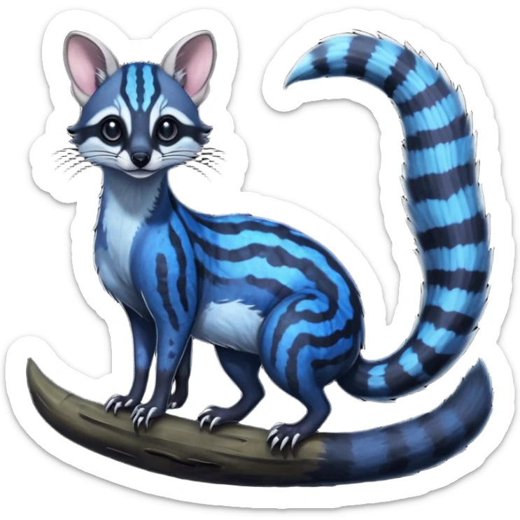 Feral Rare Fantasy iridescent scaly evil spooky vibrant dark shady shaded detailed deep-dark-cobalt-blue-gradients-colored colorful Genet-Trico-Civet-Cacomistle-Margay-species by LiLaiRa, with dark-blackish points, white belly, random markings, tufted tail, tufted ears, full body sticker