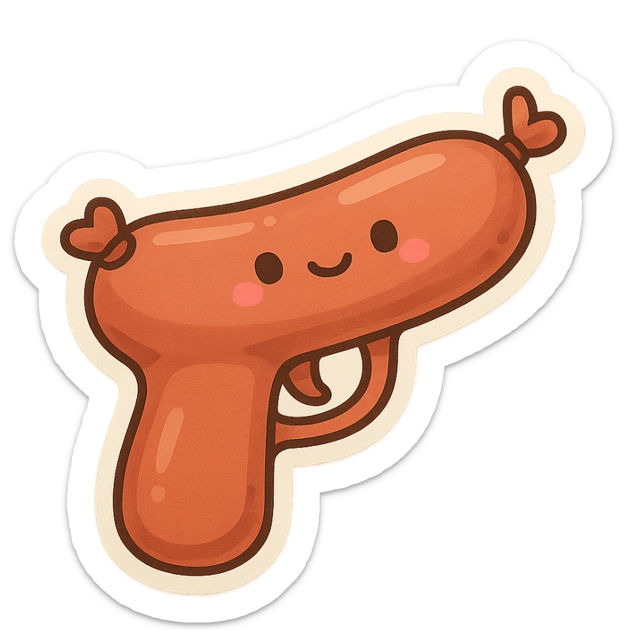 a sausage shaped like a pistol, playful and cartoonish, cute and whimsical style sticker